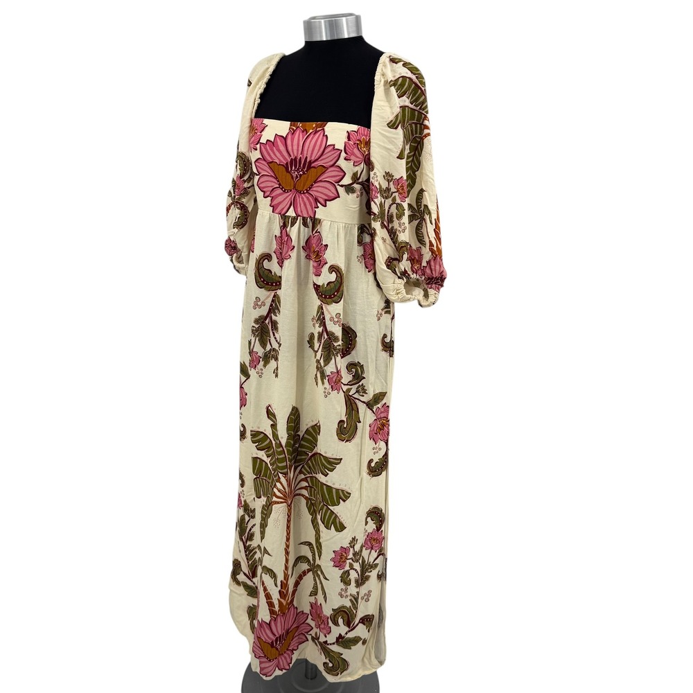 Farm Rio Tropical Floral Palm Tree Puff Sleeve Maxi Dress Cream Pink Green Small - Picture 4 of 16